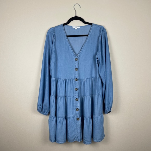 Tiered Button Front Boho Chambray Dress - Picture 2 of 8